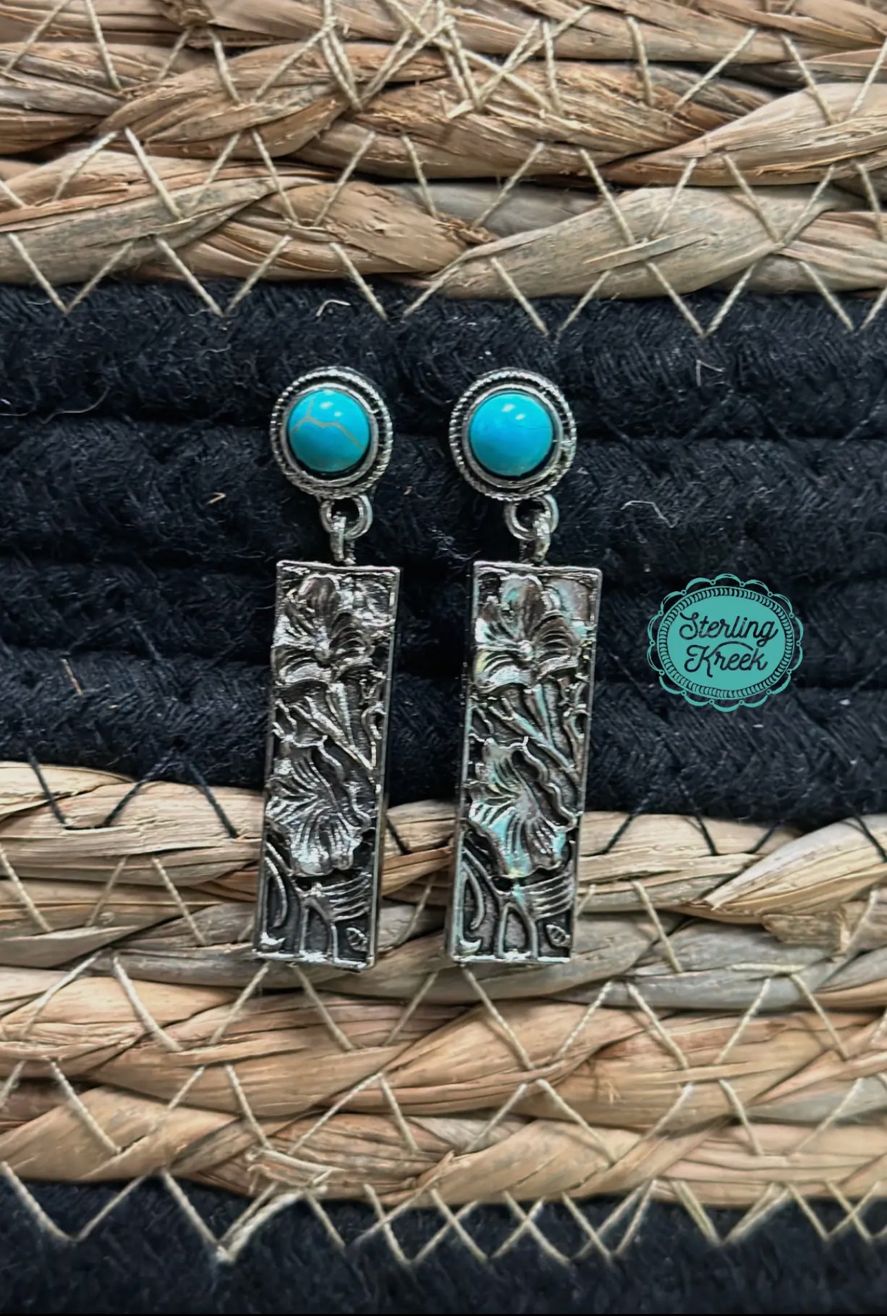 Floral Tooled Turquoise Earrings
