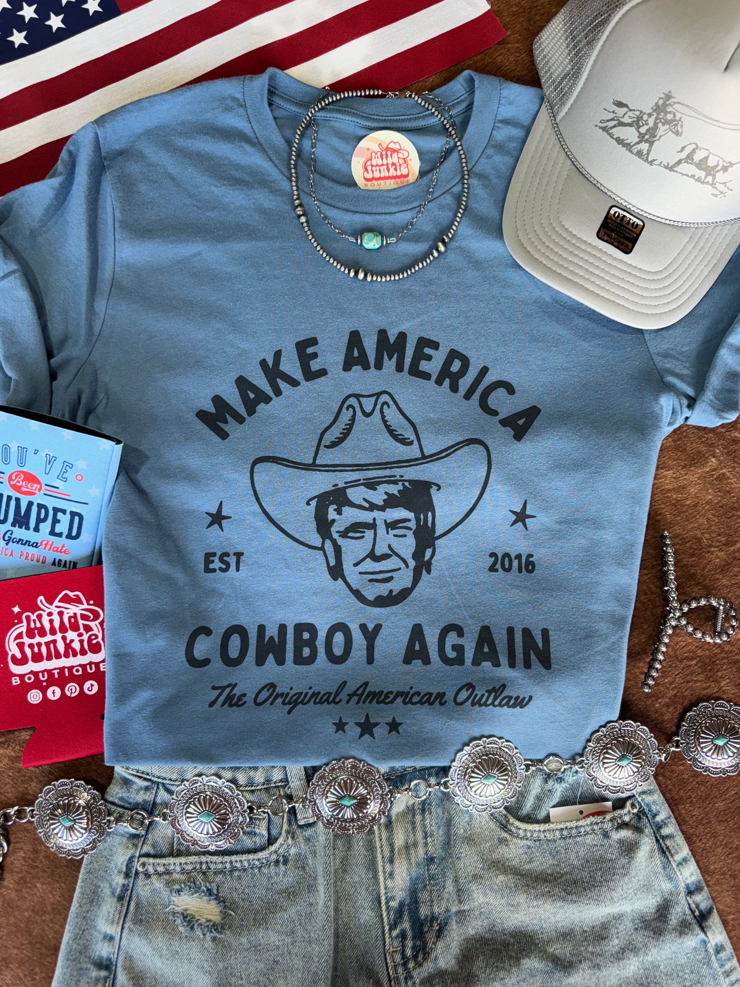 Trump Make America Cowboy Again Blue Graphic Tee