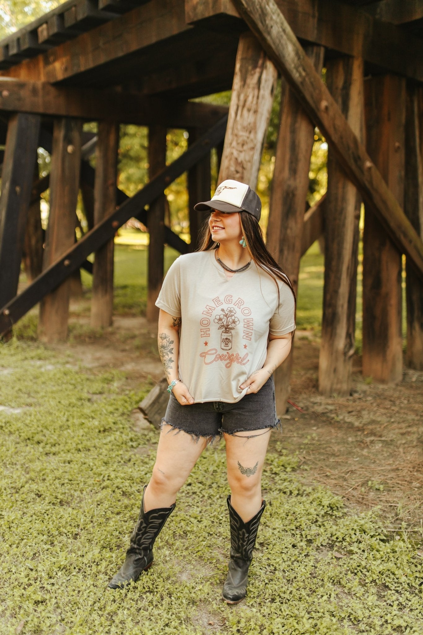 Homegrown Cowgirl Raw V-neck Graphic Tee