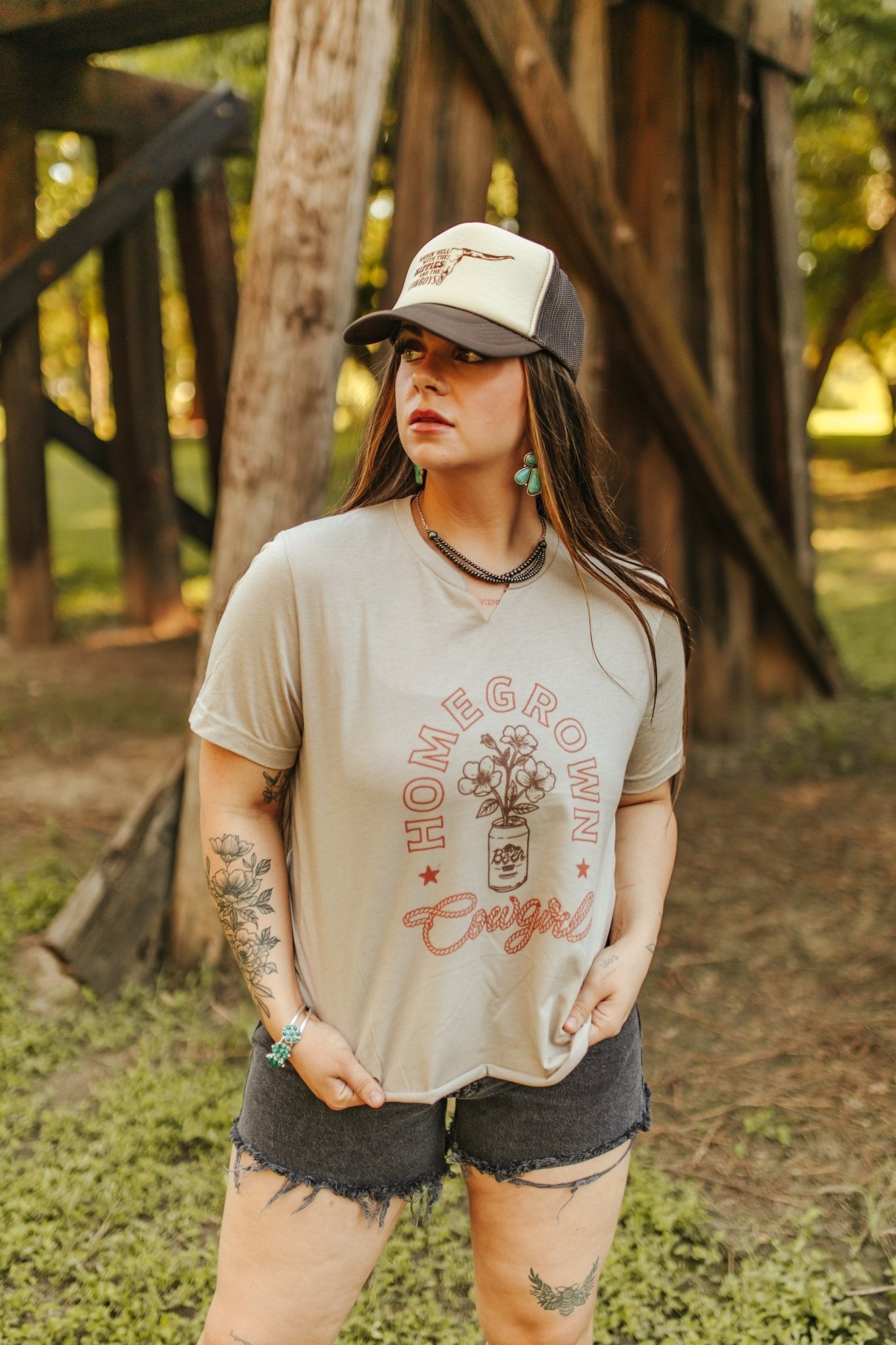 Homegrown Cowgirl Raw V-neck Graphic Tee